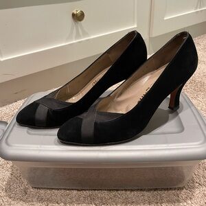 Black suede Ferragamo heels with grosgrain trim